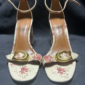 Strappy Coach Beige Floral Heels with Gold Buckle